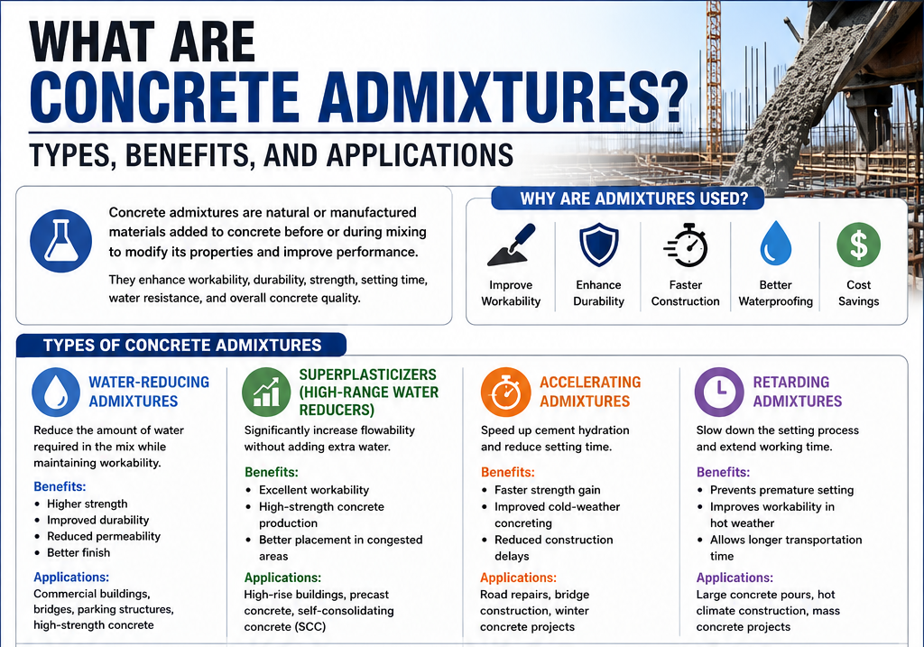 What are concrete admixtures infographic showing types of admixtures, benefits, waterproofing additives, strength enhancers, and construction applications.