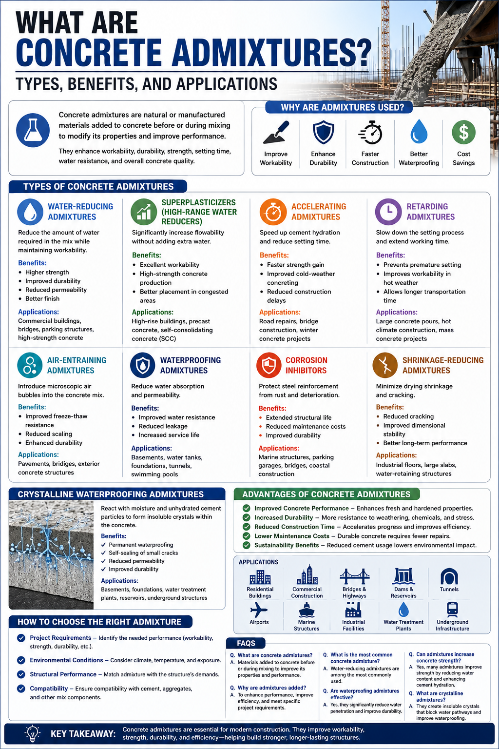What are concrete admixtures infographic showing types of admixtures, benefits, waterproofing additives, strength enhancers, and construction applications.