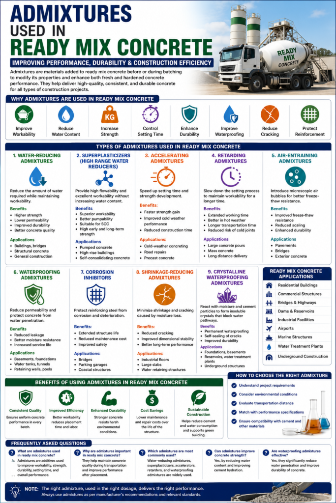 Admixtures used in ready mix concrete infographic showing water reducers, superplasticizers, waterproofing additives, durability enhancers, and construction applications.