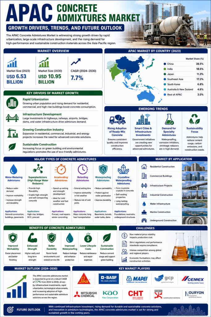 APAC concrete admixtures market infographic showing market growth, construction trends, infrastructure development, waterproofing admixtures, and Asia-Pacific industry applications.