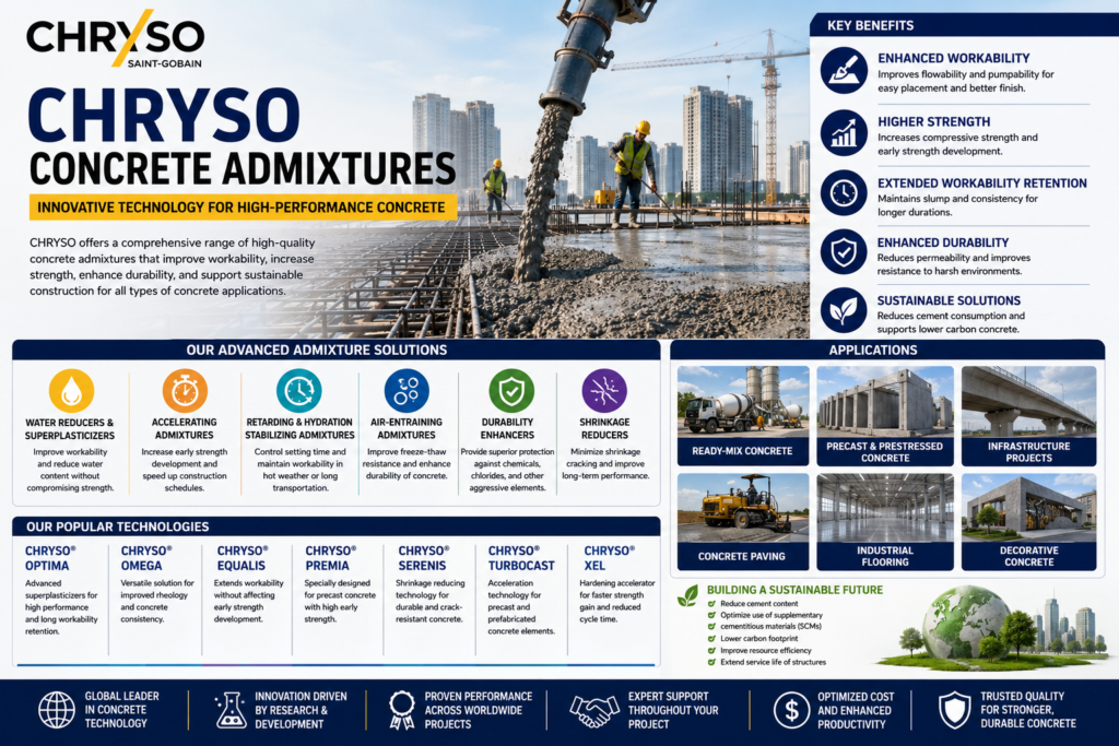 CHRYSO concrete admixtures infographic showing superplasticizers, water reducers, durability enhancers, ready-mix concrete solutions, and sustainable construction technologies.
