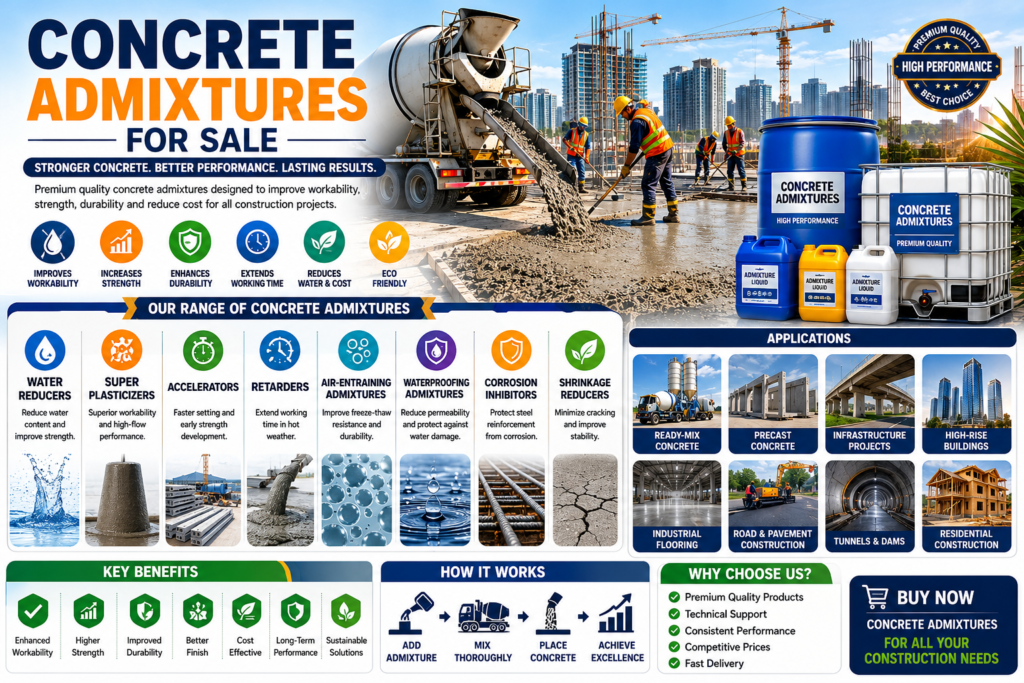 Concrete admixtures for sale infographic showing water reducers, superplasticizers, waterproofing admixtures, durability enhancers, and ready-mix concrete applications.