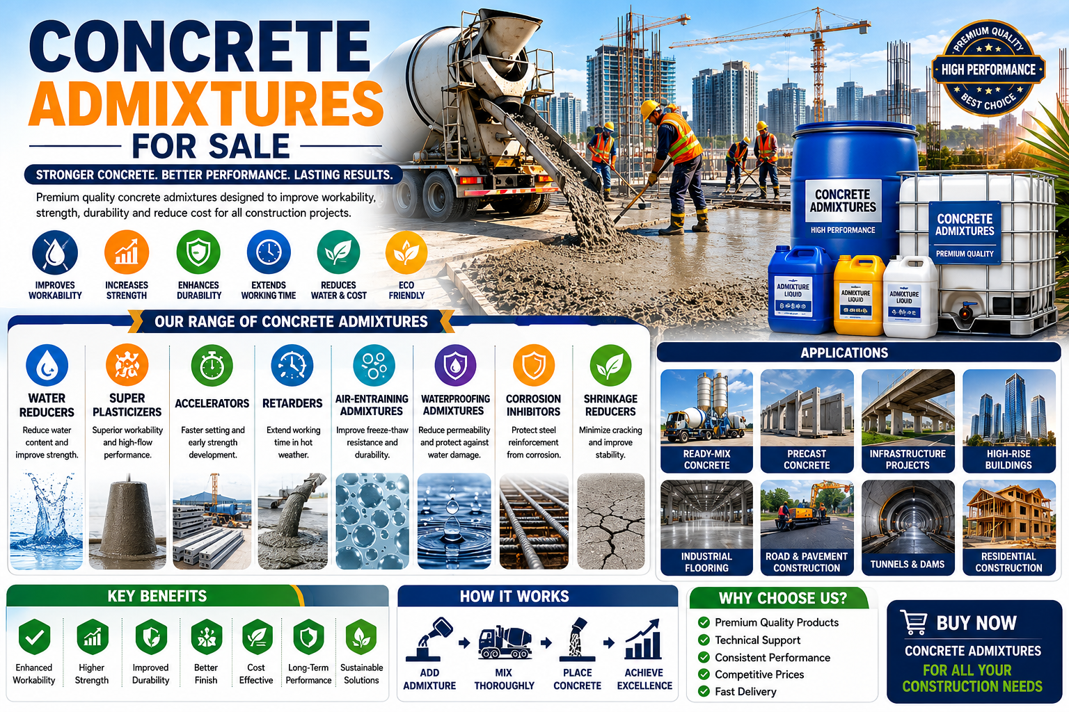 Concrete admixtures for sale infographic showing water reducers, superplasticizers, waterproofing admixtures, durability enhancers, and ready-mix concrete applications.