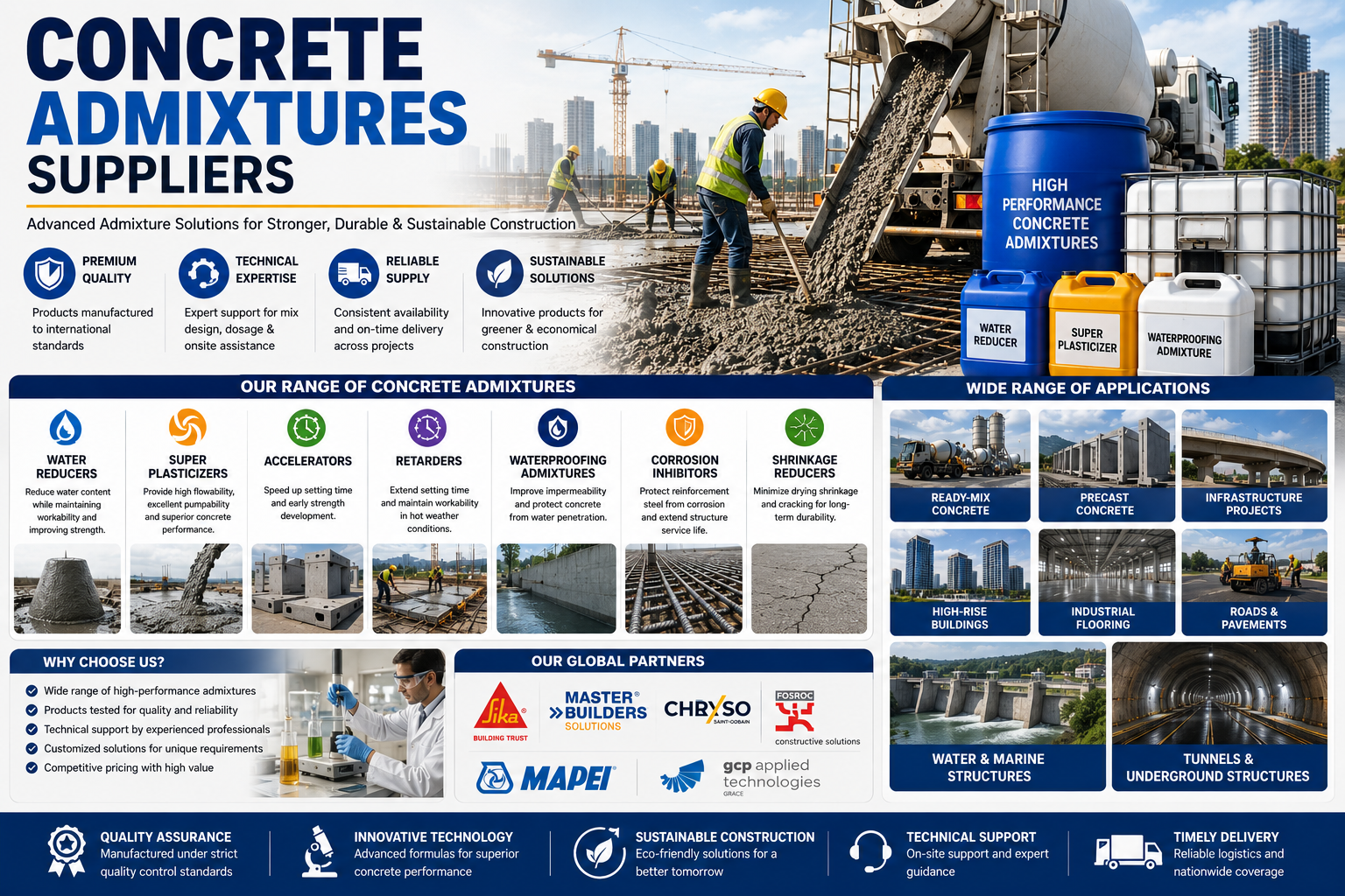 Concrete admixtures suppliers providing water reducers, superplasticizers, waterproofing admixtures, ready-mix concrete solutions, and construction chemical products.