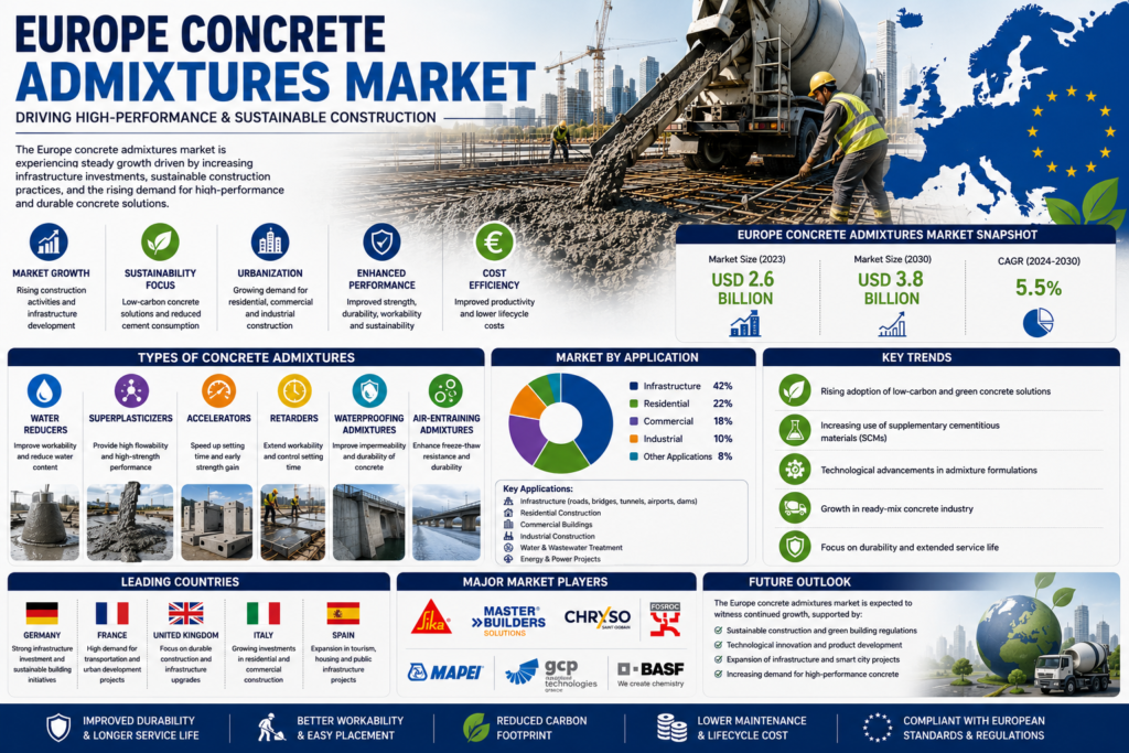Grace concrete admixtures infographic showing ADVA superplasticizers, water reducers, waterproofing admixtures, durability enhancement, and ready-mix concrete applications.
