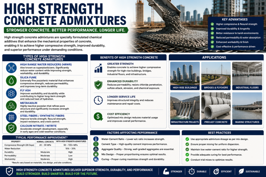 High strength concrete admixtures used to improve compressive strength durability and performance of concrete structures
