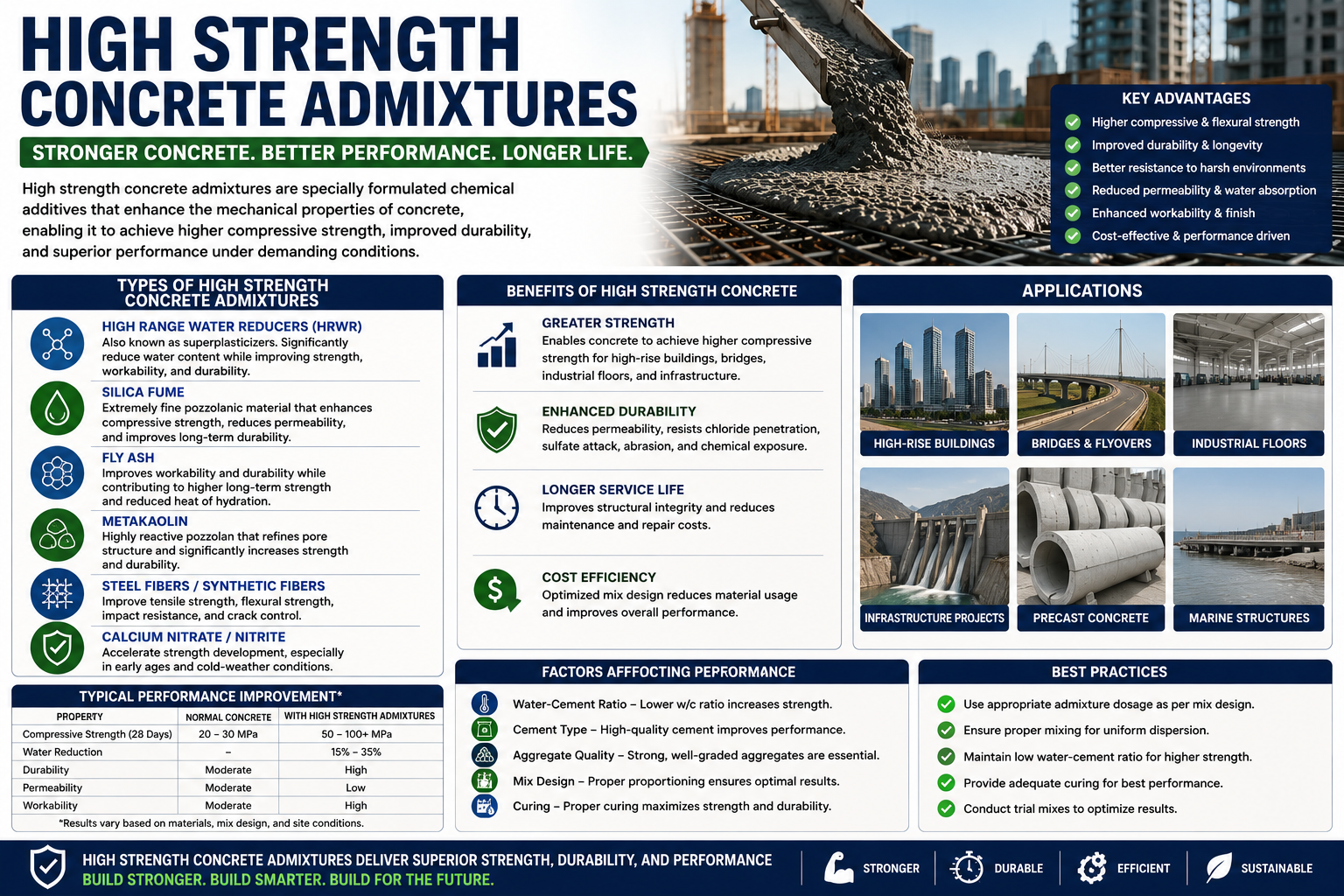 High strength concrete admixtures used to improve compressive strength durability and performance of concrete structures